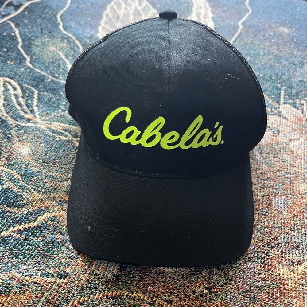 Cabela's Black Fishing Hat with Bright Green Logo SnapBack Hunting Adjustable